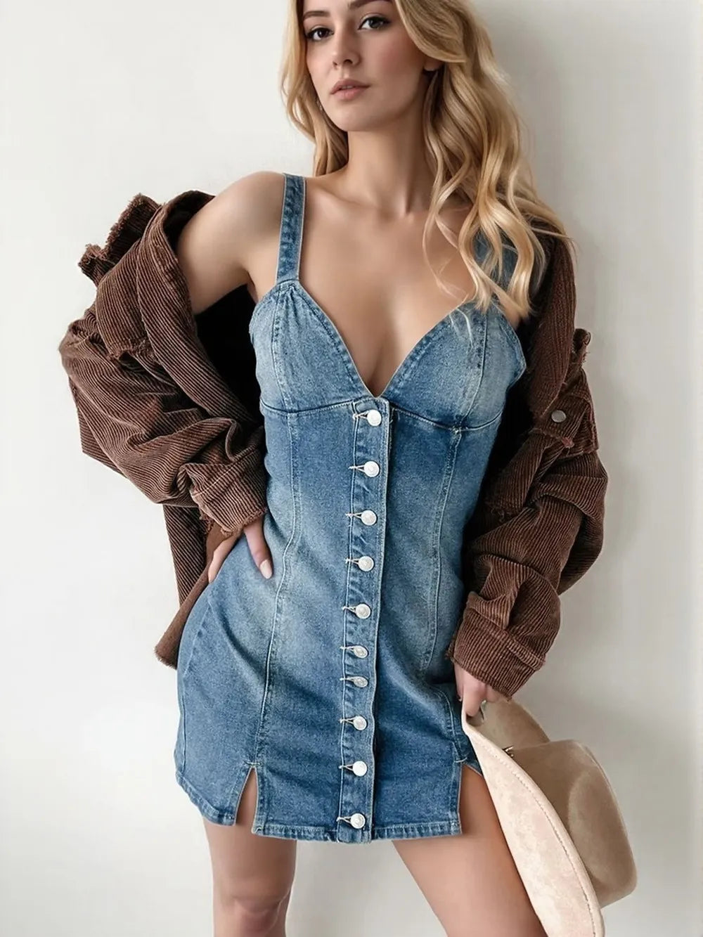Denim dress paired with a corduroy jacket and a trendy cowboy hat 